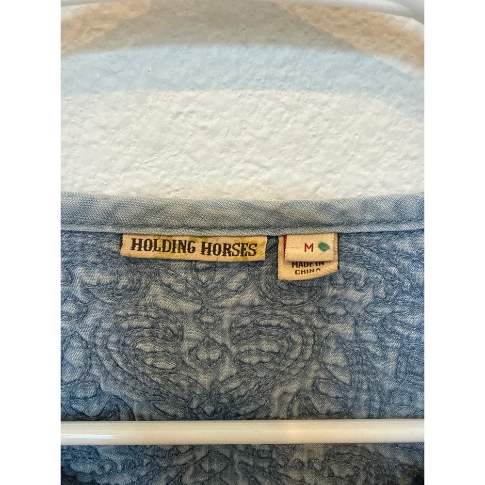 Anthropologie Holding Horses Chambray Embroidered Drawstring Mini Dress Blue M - Picture 2 of 8